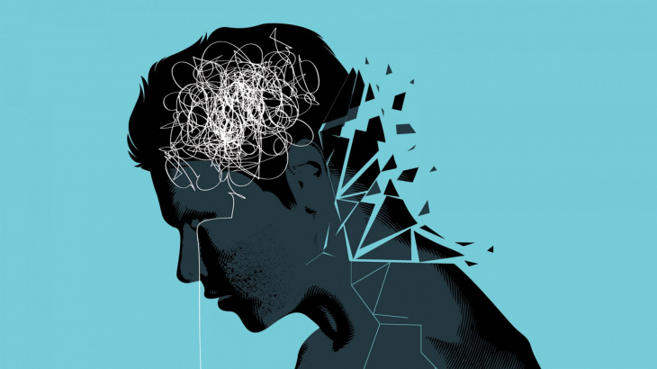 Desenho de silhueta da cabeça de um homem em pedaços, representando a ansiedade, com fundo azul claro